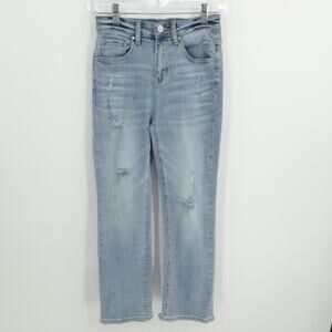 Risen Jeans Women 1/25 Blue Denim Distressed Straight Leg Raw Hem Casual Classic